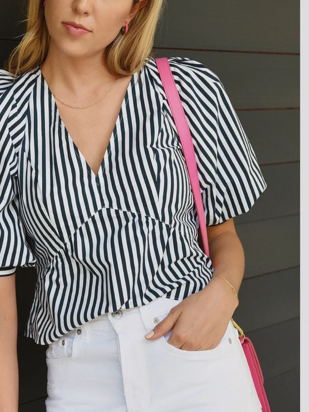 FRAME Women's V-Neck Puff Sleeve Top